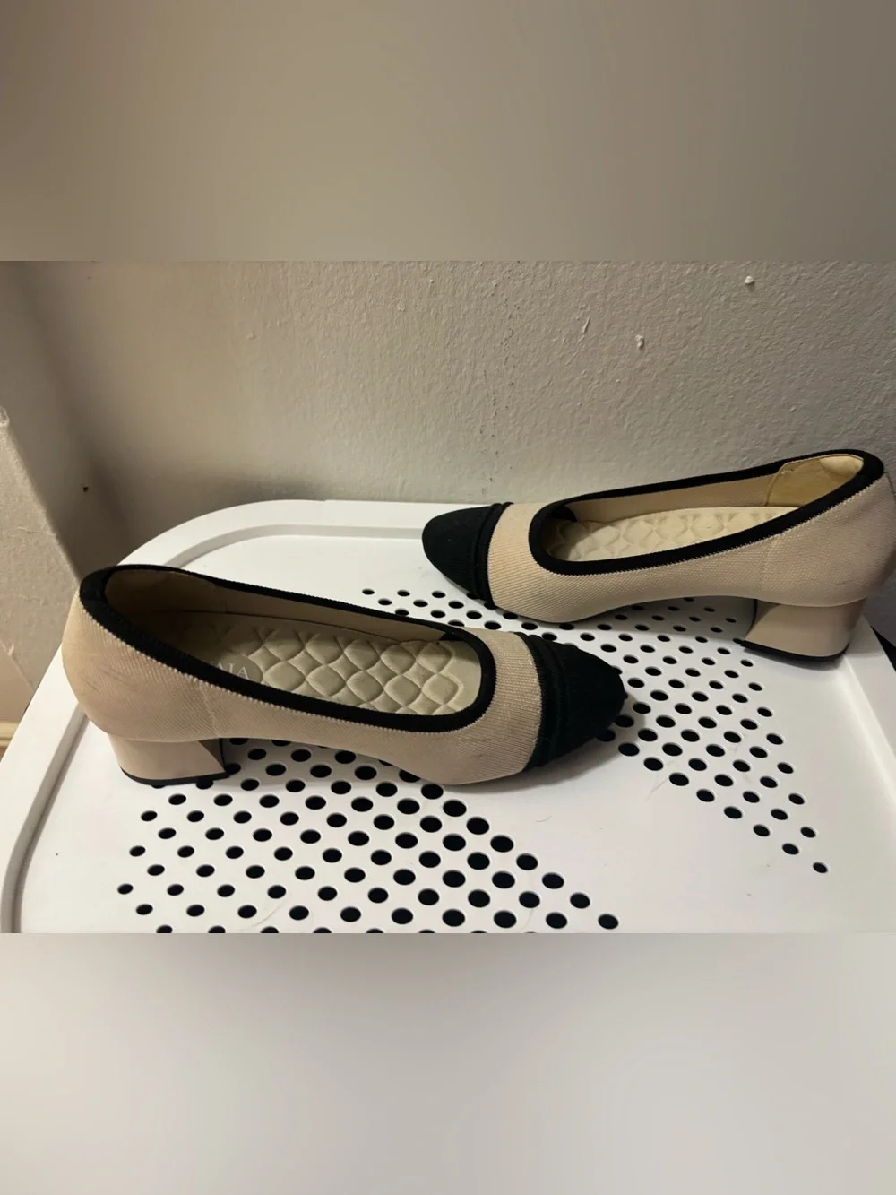 Vivaia- Beige & Black Round Toe Chunky Heels (Julie Pro)